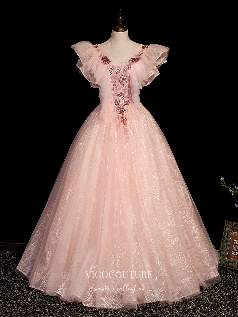 Prom Dress 2025 Blush Lace Applique Quinceanera Dresses Sparkly Tulle Sweet 16 Dresses 21408-unique elegant Prom Dresses-Blush-Custom Size-vigocouture