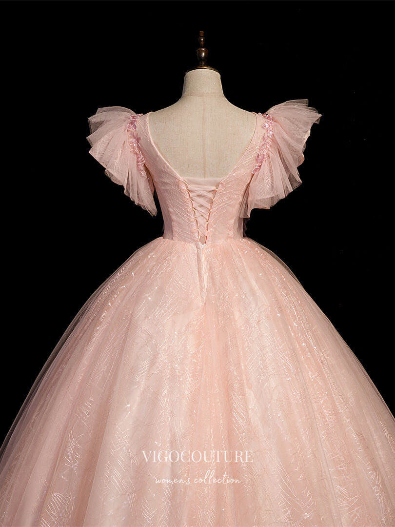 Prom Dress 2025 Blush Lace Applique Quinceanera Dresses Sparkly Tulle Sweet 16 Dresses 21408-unique elegant Prom Dresses-Blush-Custom Size-vigocouture