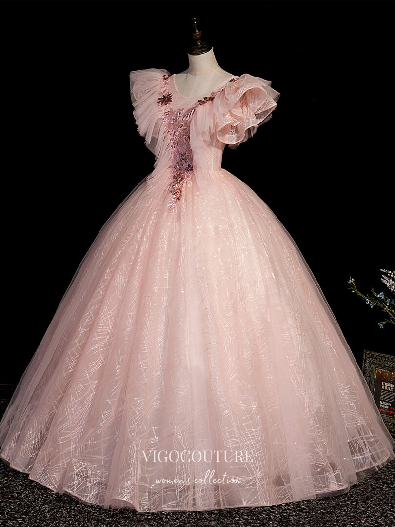 Prom Dress 2025 Blush Lace Applique Quinceanera Dresses Sparkly Tulle Sweet 16 Dresses 21408-unique elegant Prom Dresses-Blush-Custom Size-vigocouture