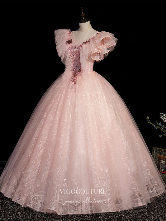 Prom Dress 2025 Blush Lace Applique Quinceanera Dresses Sparkly Tulle Sweet 16 Dresses 21408-unique elegant Prom Dresses-Blush-Custom Size-vigocouture