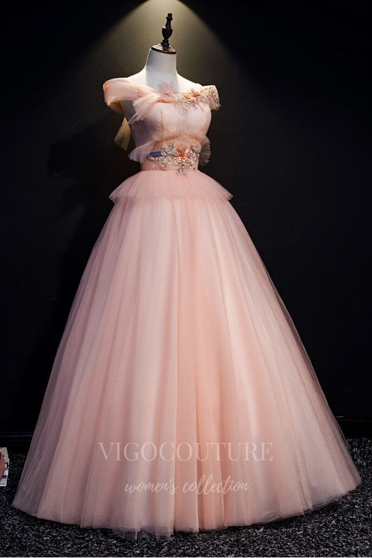 vigocouture-Blush Lace Applique Sweet 16 Dresses Off the Shoulder Ball Gown 20459-Prom Dresses-vigocouture-Blush-Custom Size-