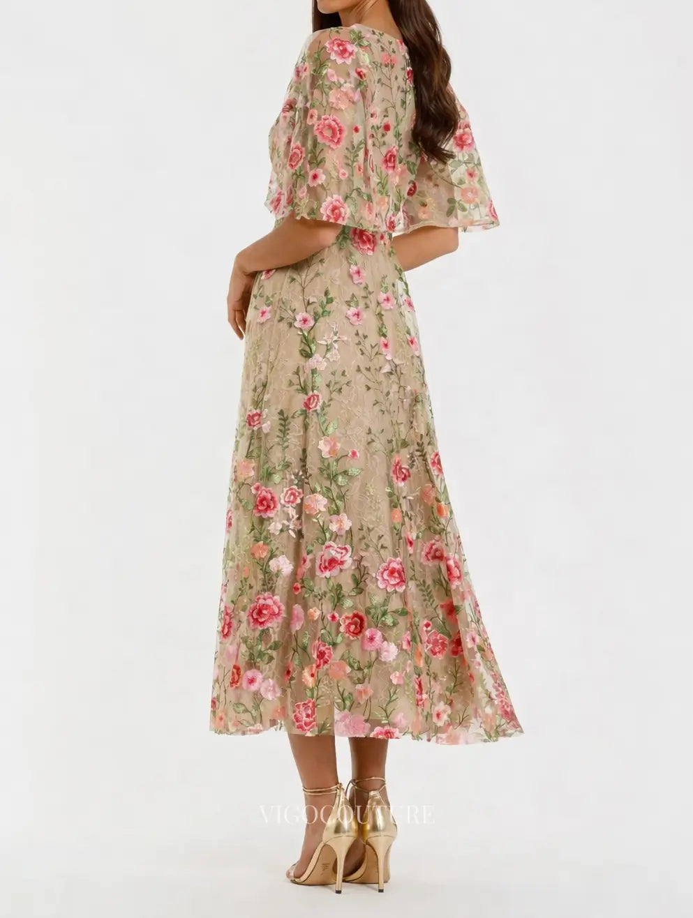 Prom Dresses 2025 to impress Blush Nude Floral Embroidered Midi Dress with V-Neck & Flutter Sleeves - VG011-vigocouture-vigocouture