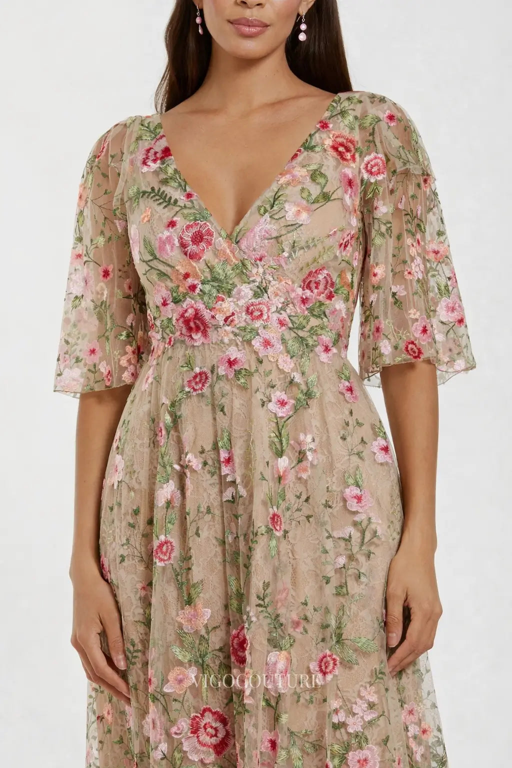 Prom Dresses 2025 to impress Blush Nude Floral Embroidered Midi Dress with V-Neck & Flutter Sleeves - VG011-vigocouture-vigocouture