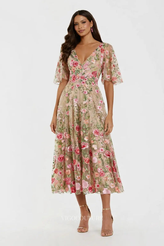 Prom Dresses 2025 to impress Blush Nude Floral Embroidered Midi Dress with V-Neck & Flutter Sleeves - VG011-vigocouture-vigocouture