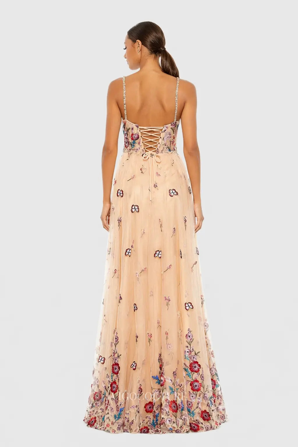 Prom Dresses 2025 to impress Blush Nude Floral Embroidered Tulle Evening Dress with V-Neck & Beaded Straps - VG009-vigocouture-vigocouture