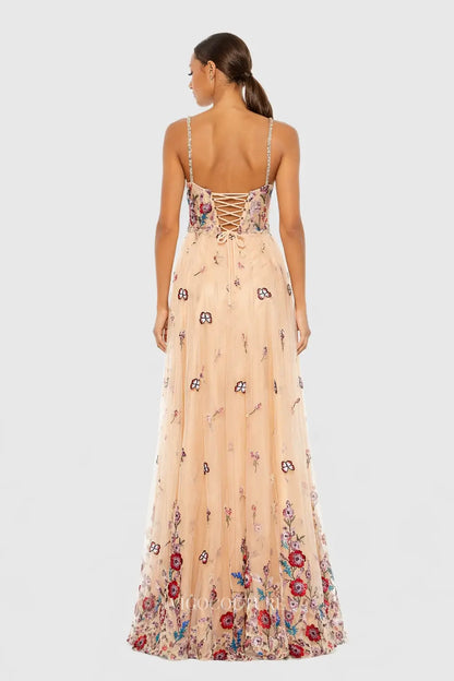 Prom Dresses 2025 to impress Blush Nude Floral Embroidered Tulle Evening Dress with V-Neck & Beaded Straps - VG009-vigocouture-vigocouture