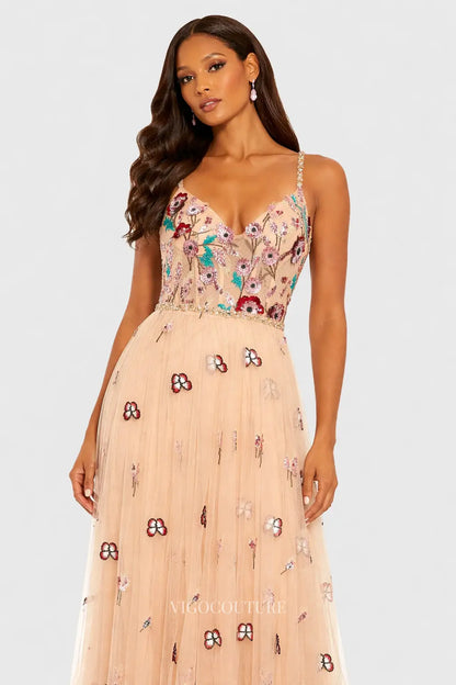 Prom Dresses 2025 to impress Blush Nude Floral Embroidered Tulle Evening Dress with V-Neck & Beaded Straps - VG009-vigocouture-vigocouture
