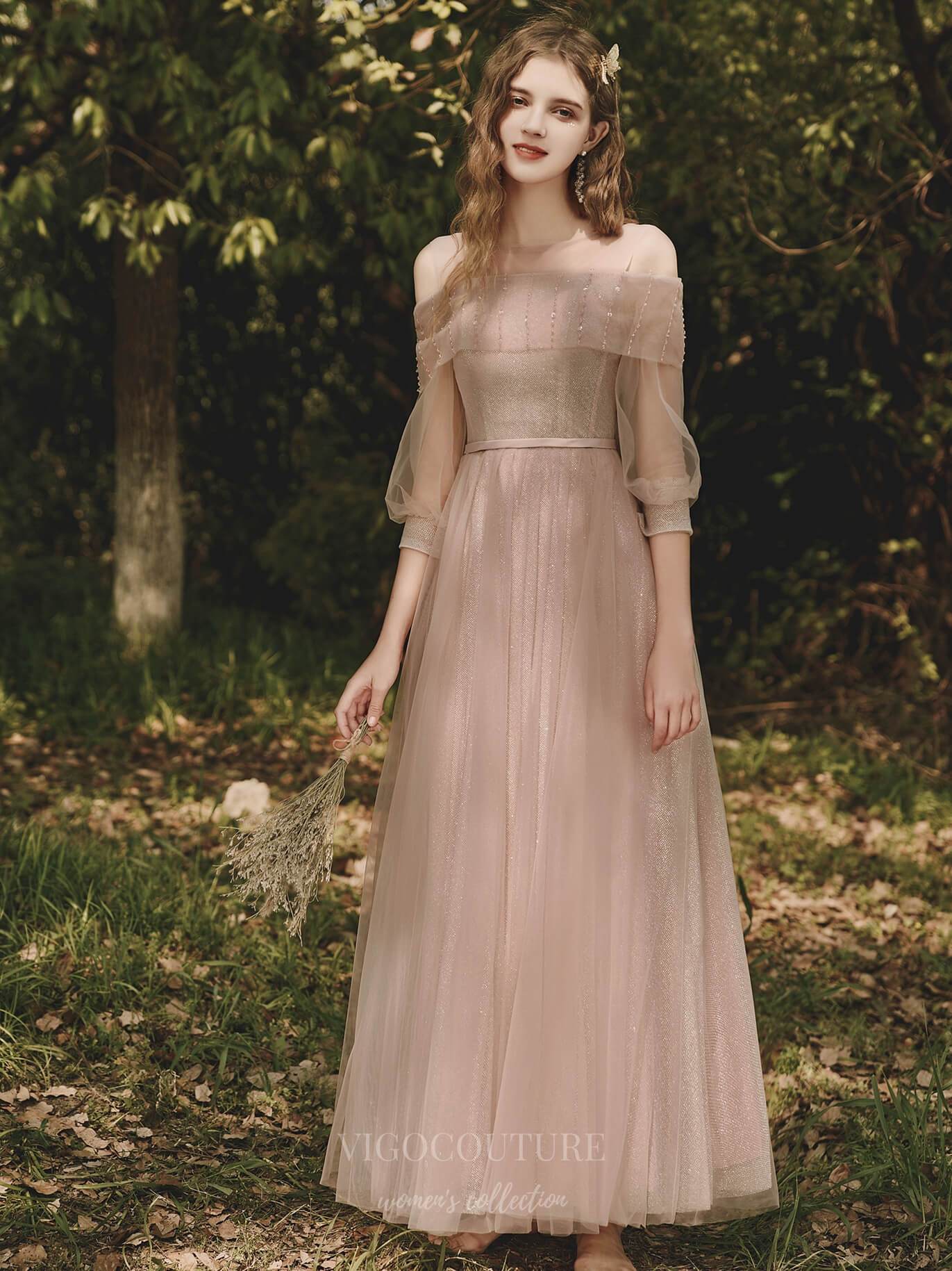 Prom Dress 2025 Blush Off the Shoulder 3/4 Sleeve Prom Dress 20703-unique elegant Prom Dresses-Blush-US2-vigocouture