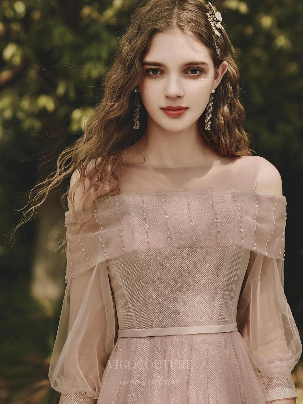 blush pink 3 4 sleeve dress MACloth 3/4 Sleeves Lace Tulle Long Prom Dress Blush Pink Formal Evening Gown Blush Pink / Above Knee / US12