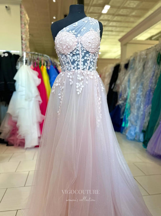 Prom Dress 2025 Blush One Shoulder Sparkly Tulle Prom Dresses Lace Applique Sheer Boned Bodice 24194-unique elegant Prom Dresses-Blush-Custom Size-vigocouture