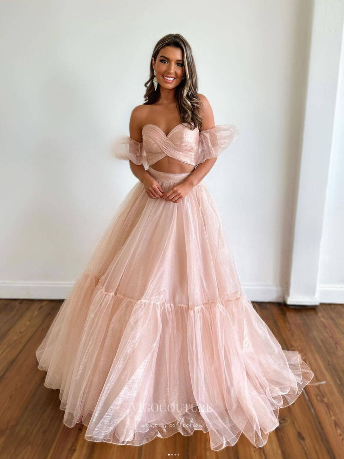 Blush Organza Two Piece Prom Dresses Pleated Crossed Bodice Removable Puffed Sleeve 24470 Blush / US14 Blush Organza Two Piece Prom Dresses Pleated Crossed Bodice Removable Puffed Sleeve 24470 Blush / US14