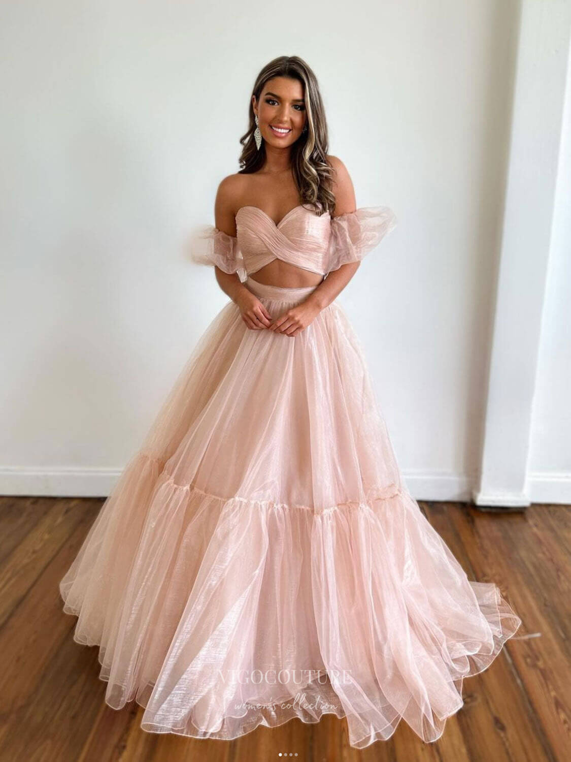 Prom Dress 2025 Blush Organza Two Piece Prom Dresses Pleated Crossed Bodice Removable Puffed Sleeve 24470-unique elegant Prom Dresses-Blush-Custom Size-vigocouture