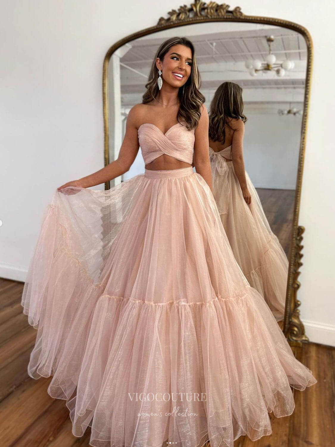 Prom Dress 2025 Blush Organza Two Piece Prom Dresses Pleated Crossed Bodice Removable Puffed Sleeve 24470-unique elegant Prom Dresses-Blush-Custom Size-vigocouture