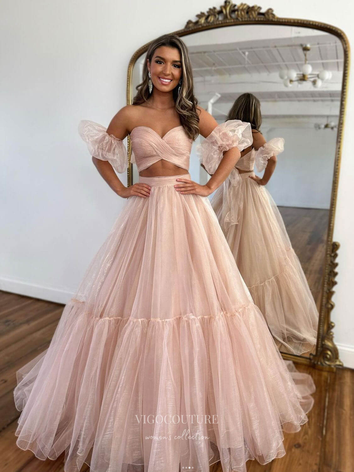 Prom Dress 2025 Blush Organza Two Piece Prom Dresses Pleated Crossed Bodice Removable Puffed Sleeve 24470-unique elegant Prom Dresses-Blush-Custom Size-vigocouture