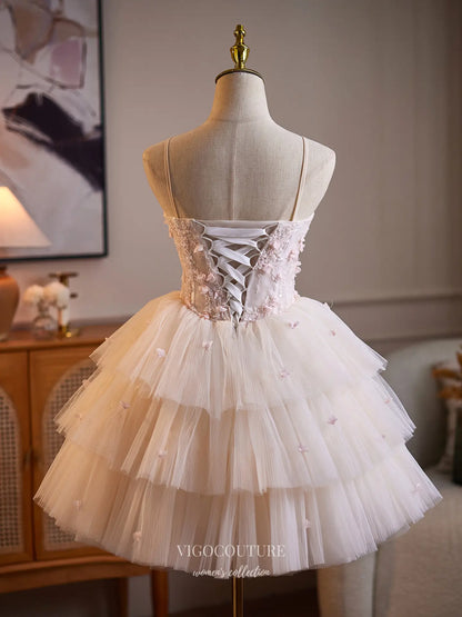 Prom Dresses 2025 to impress Blush Pink Fairycore Floral Beaded Homecoming Dress with Tiered Tulle Skirt & Corset Back - HC510-vigocouture-vigocouture