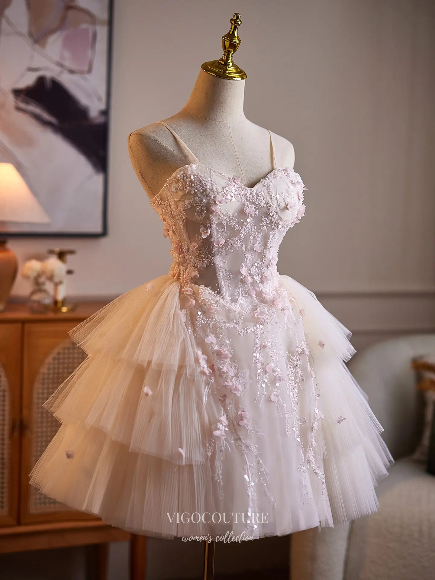 Prom Dresses 2025 to impress Blush Pink Fairycore Floral Beaded Homecoming Dress with Tiered Tulle Skirt & Corset Back - HC510-vigocouture-vigocouture