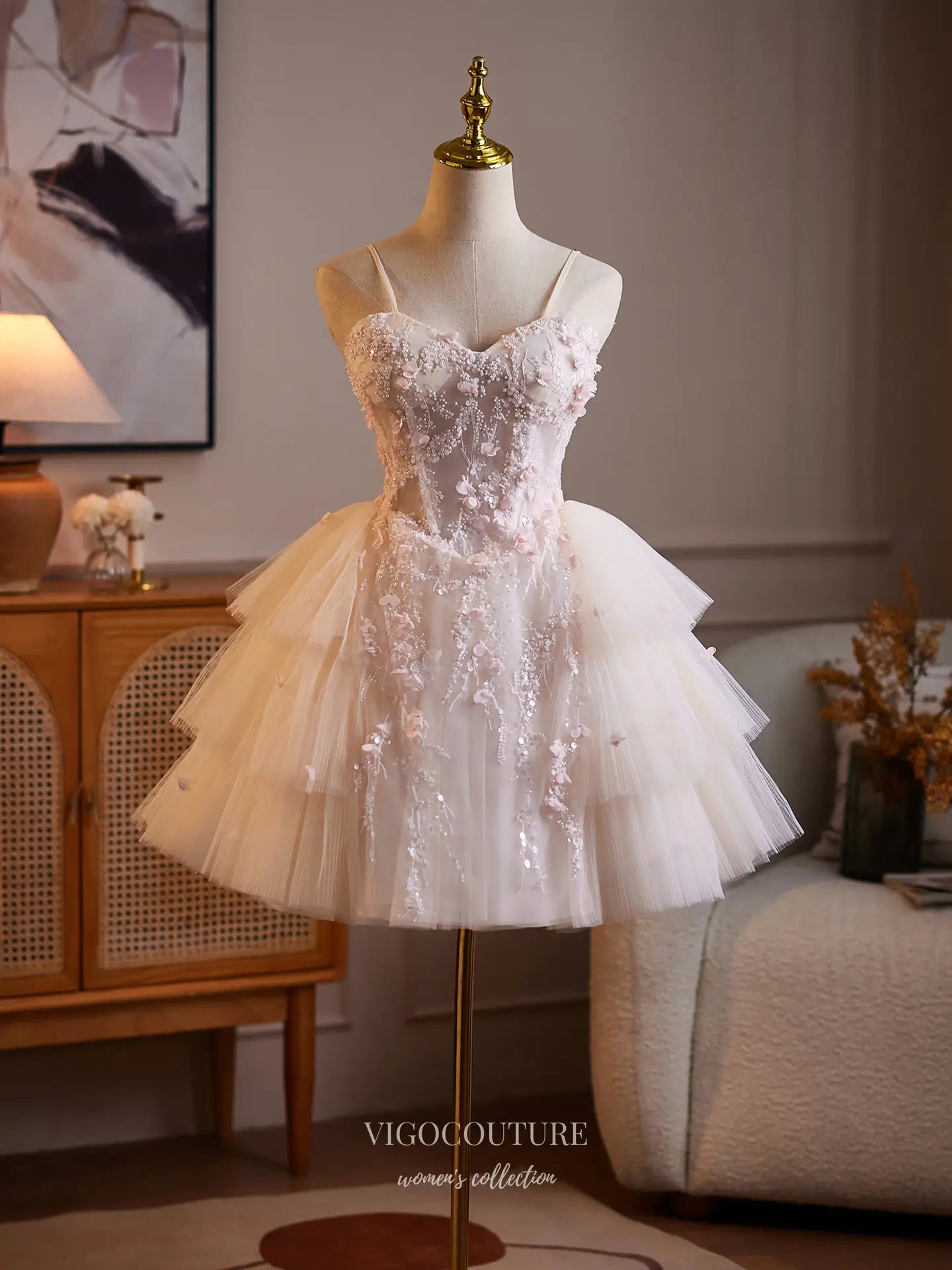 Prom Dresses 2025 to impress Blush Pink Fairycore Floral Beaded Homecoming Dress with Tiered Tulle Skirt & Corset Back - HC510-vigocouture-vigocouture