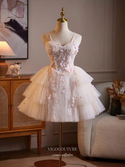 Prom Dresses 2025 to impress Blush Pink Fairycore Floral Beaded Homecoming Dress with Tiered Tulle Skirt & Corset Back - HC510-vigocouture-vigocouture