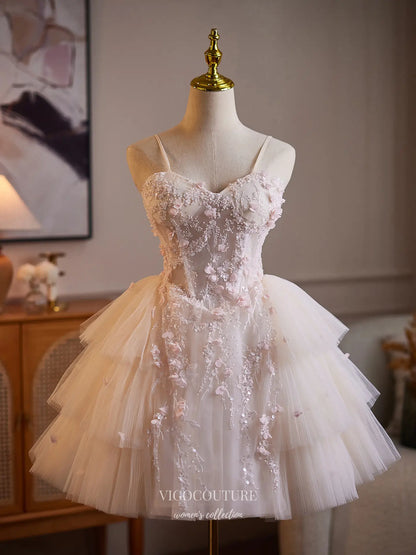 Prom Dresses 2025 to impress Blush Pink Fairycore Floral Beaded Homecoming Dress with Tiered Tulle Skirt & Corset Back - HC510-vigocouture-vigocouture