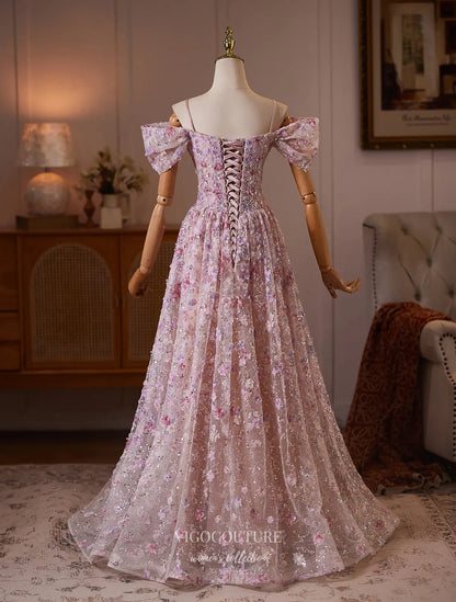 Prom Dresses 2025 to impress Blush Pink Floral Sequin Formal Dress with Off-Shoulder Bow Sleeves - 26131-vigocouture-vigocouture