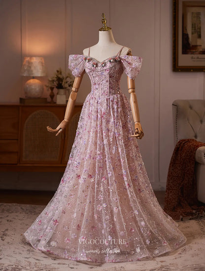 Prom Dresses 2025 to impress Blush Pink Floral Sequin Formal Dress with Off-Shoulder Bow Sleeves - 26131-vigocouture-vigocouture