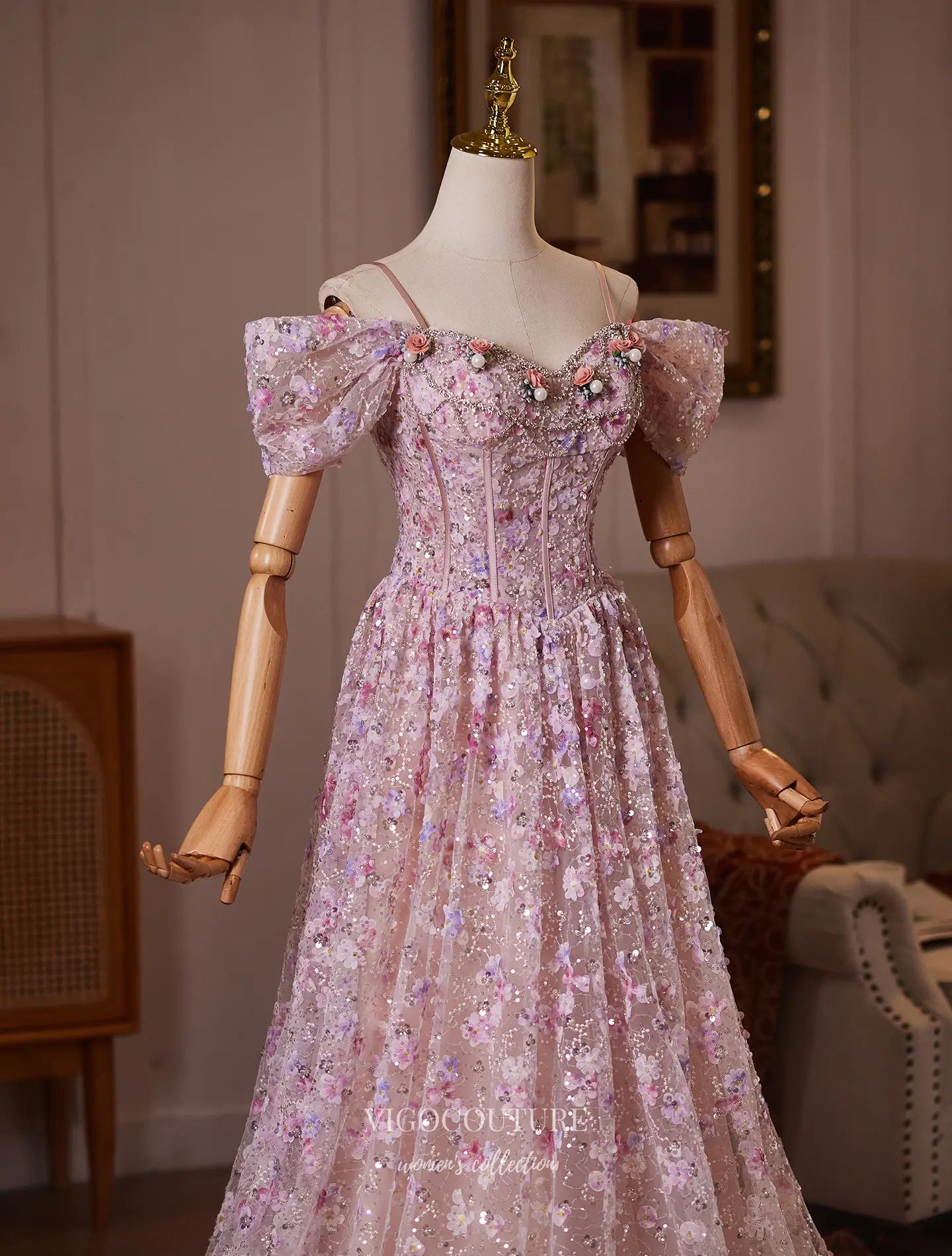 Prom Dresses 2025 to impress Blush Pink Floral Sequin Formal Dress with Off-Shoulder Bow Sleeves - 26131-vigocouture-vigocouture