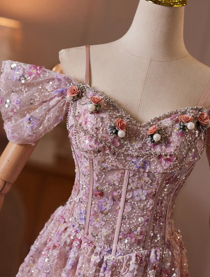 Prom Dresses 2025 to impress Blush Pink Floral Sequin Formal Dress with Off-Shoulder Bow Sleeves - 26131-vigocouture-vigocouture
