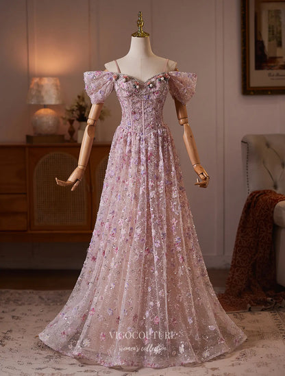 Prom Dresses 2025 to impress Blush Pink Floral Sequin Formal Dress with Off-Shoulder Bow Sleeves - 26131-vigocouture-vigocouture