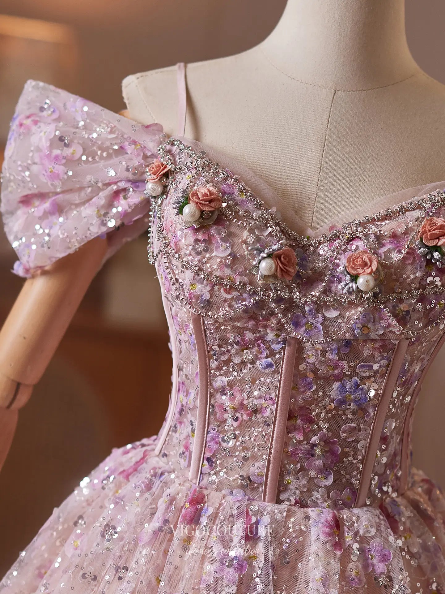 Prom Dresses 2025 to impress Blush Pink Floral Sequin Homecoming Dress with Off-Shoulder Bow Sleeves & Corset Bodice - HC513-vigocouture-vigocouture