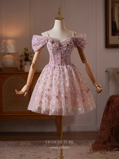 Prom Dresses 2025 to impress Blush Pink Floral Sequin Homecoming Dress with Off-Shoulder Bow Sleeves & Corset Bodice - HC513-vigocouture-vigocouture