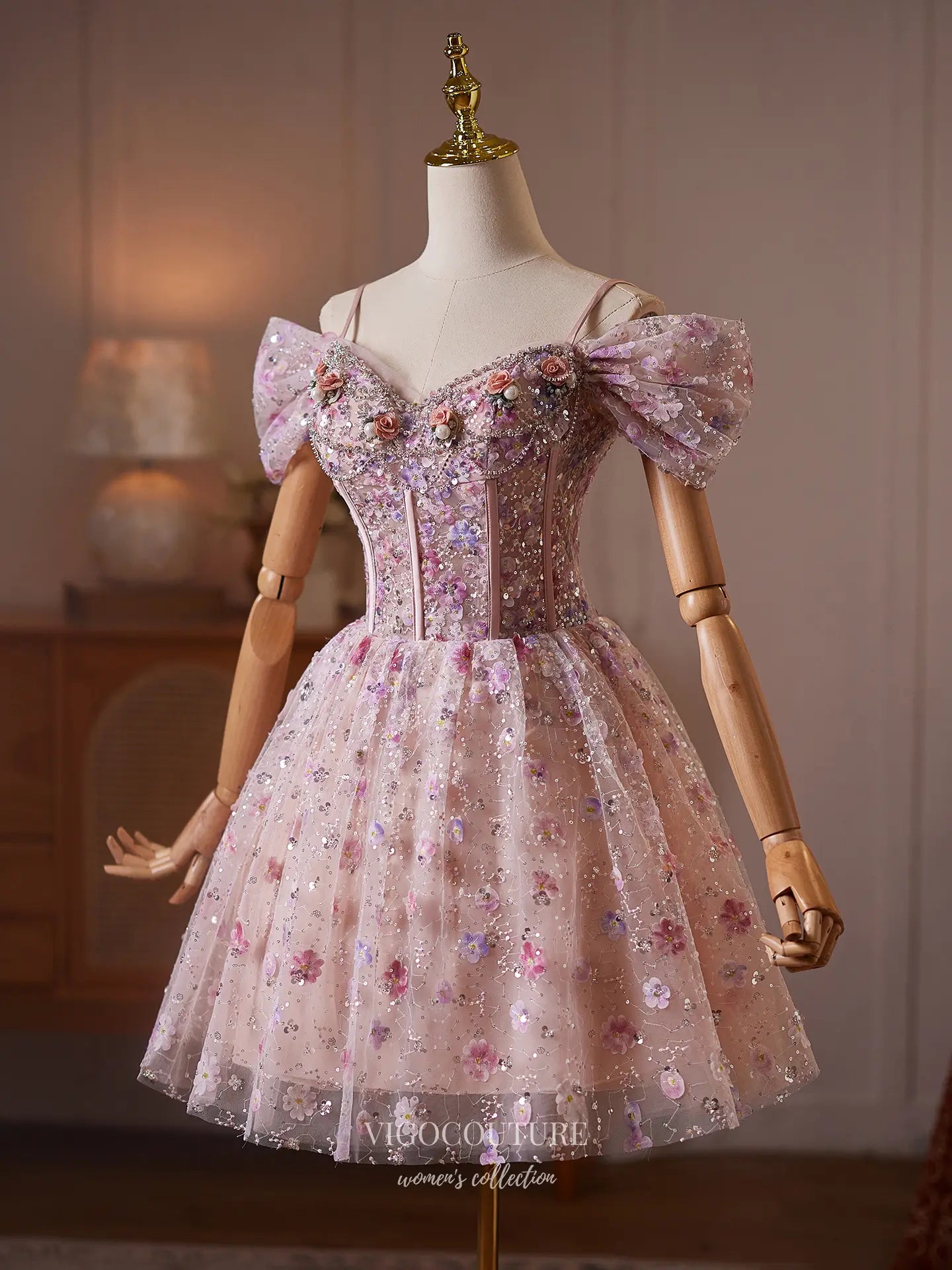 Prom Dresses 2025 to impress Blush Pink Floral Sequin Homecoming Dress with Off-Shoulder Bow Sleeves & Corset Bodice - HC513-vigocouture-vigocouture