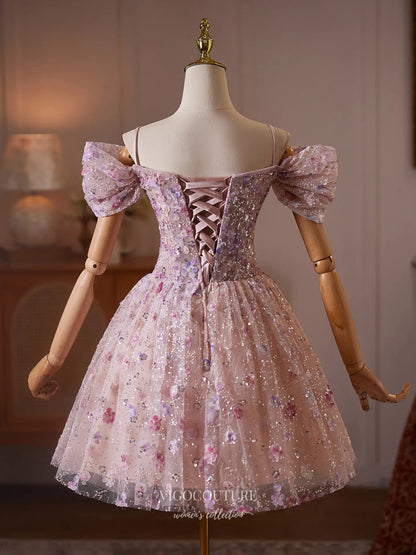 Prom Dresses 2025 to impress Blush Pink Floral Sequin Homecoming Dress with Off-Shoulder Bow Sleeves & Corset Bodice - HC513-vigocouture-vigocouture