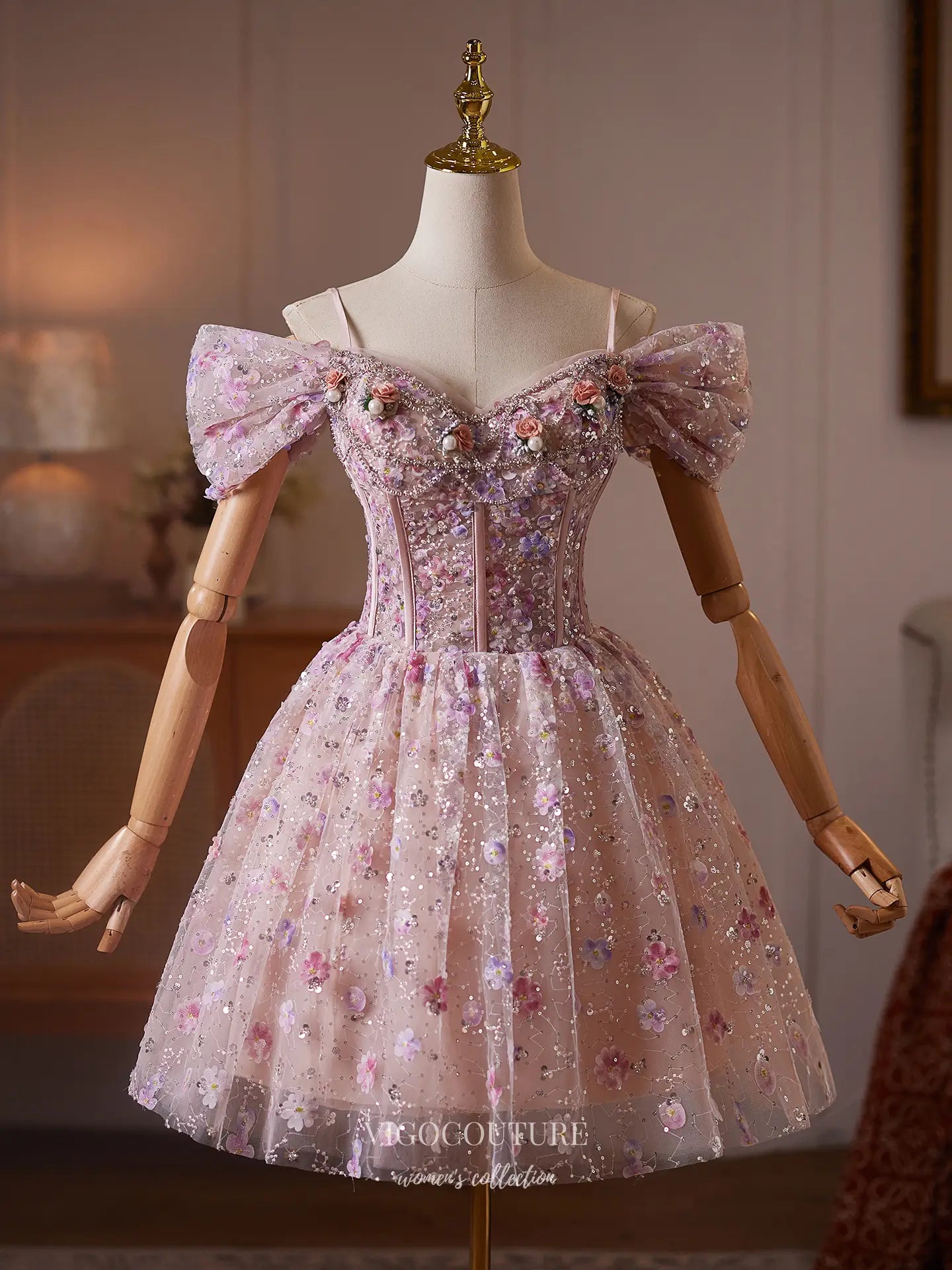 Prom Dresses 2025 to impress Blush Pink Floral Sequin Homecoming Dress with Off-Shoulder Bow Sleeves & Corset Bodice - HC513-vigocouture-vigocouture