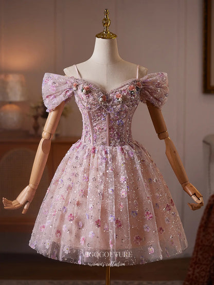 Prom Dresses 2025 to impress Blush Pink Floral Sequin Homecoming Dress with Off-Shoulder Bow Sleeves & Corset Bodice - HC513-vigocouture-vigocouture