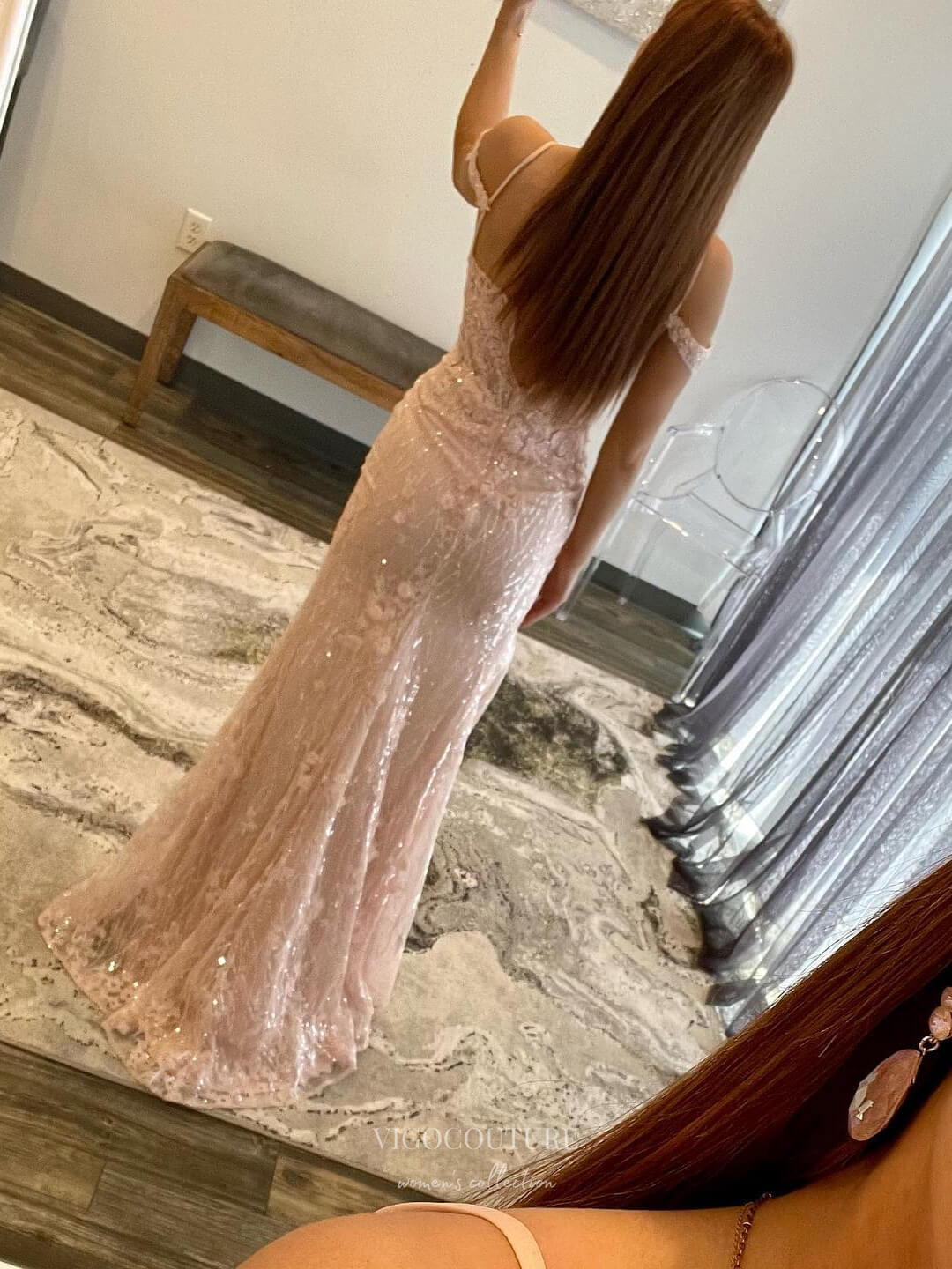 Prom Dress 2025 Blush Pink Lace Applique Prom Dresses with Slit Mermaid Spaghetti Strap Evening Dress 24012-unique elegant Prom Dresses-Blush-Custom Size-vigocouture