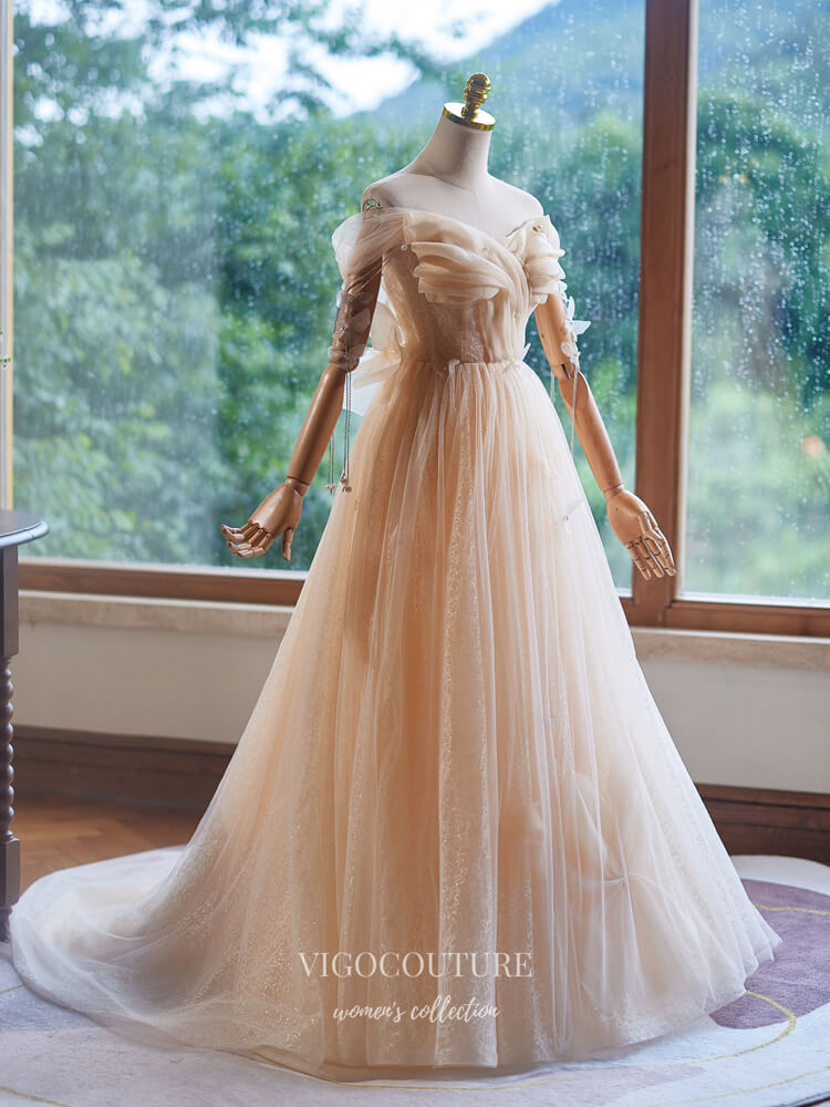 Blush Pink Off the Shoulder Prom Dresses Ruched Bodice Formal Gown 245 vigocouture Blush Pink Off the Shoulder Prom Dresses Ruched Bodice Formal Gown 245 vigocouture