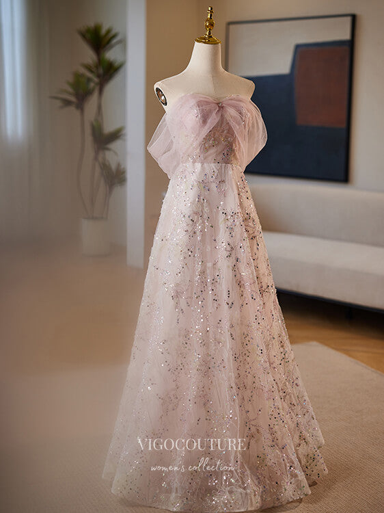 Prom Dress 2025 Blush Pink Sequin Lace Prom Dresses Bow-Tie Off the Shoulder 24405-unique elegant Prom Dresses-Blush-Custom Size-vigocouture