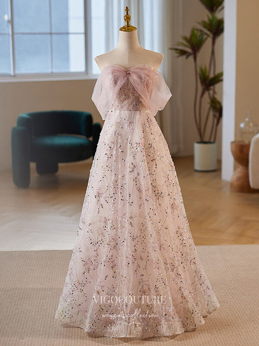 Prom Dress 2025 Blush Pink Sequin Lace Prom Dresses Bow-Tie Off the Shoulder 24405-unique elegant Prom Dresses-Blush-Custom Size-vigocouture