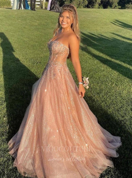 white christmas dresses Blush Pink Sparkly Prom Dresses Strapless Beaded Lace Formal Dress