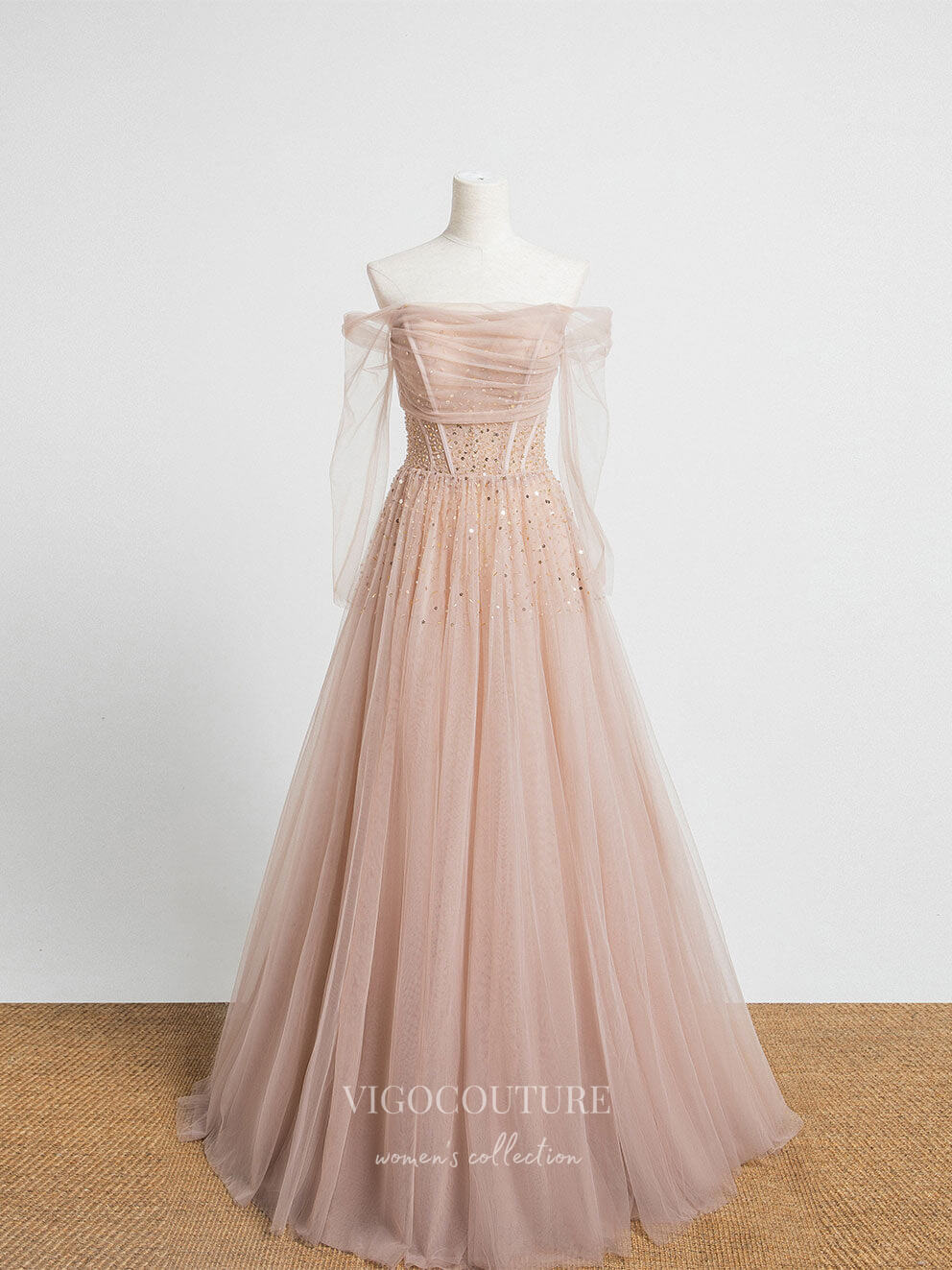 Prom Dress 2025 Blush Pink Tulle Prom Dresses Off the Shoulder Evening Dress 21828-unique elegant Prom Dresses-Blush-US2-vigocouture