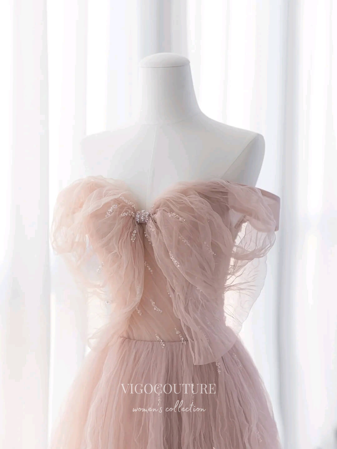 Prom Dress 2025 Blush Pleated Tulle Prom Dresses Off the Shoulder Formal Dress 22058-unique elegant Prom Dresses-Blush-US2-vigocouture