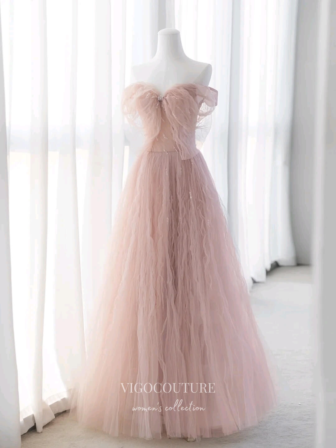 Prom Dress 2025 Blush Pleated Tulle Prom Dresses Off the Shoulder Formal Dress 22058-unique elegant Prom Dresses-Blush-US2-vigocouture