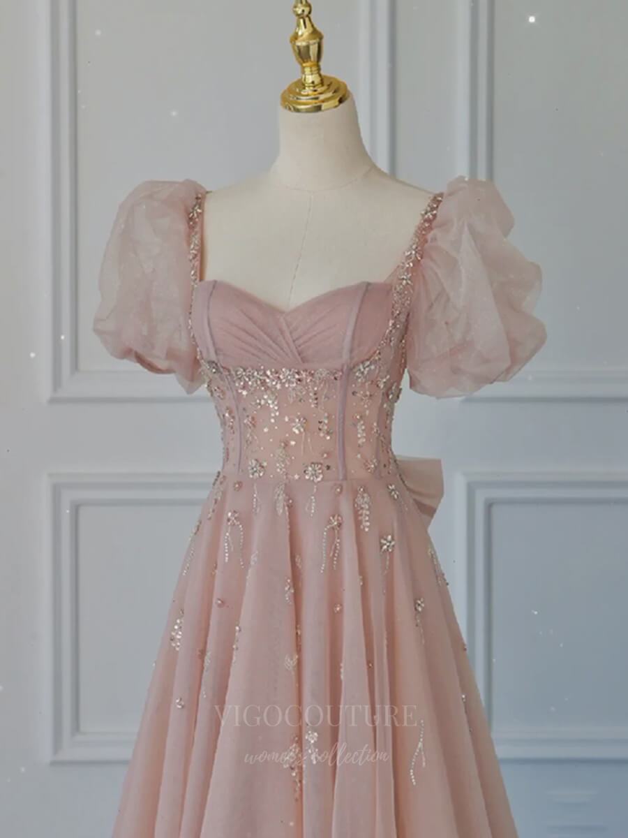 Prom Dress 2025 Blush Puffed Sleeve Beaded Prom Dress 20631-unique elegant Prom Dresses-Blush-US2-vigocouture