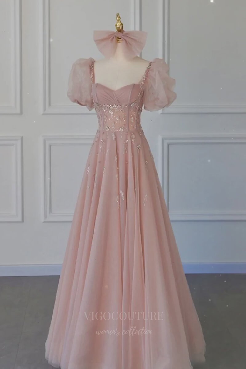 Prom Dress 2025 Blush Puffed Sleeve Beaded Prom Dress 20631-unique elegant Prom Dresses-Blush-US2-vigocouture