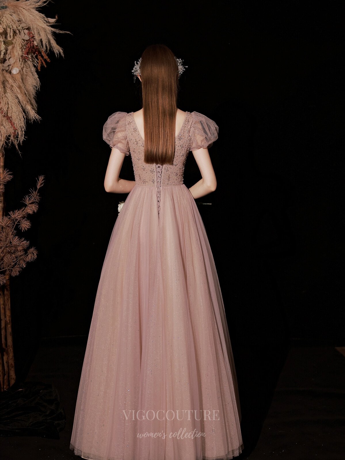 Prom Dress 2025 Blush Puffed Sleeve Sparkly Tulle Prom Dress 20740-unique elegant Prom Dresses-Blush-US2-vigocouture