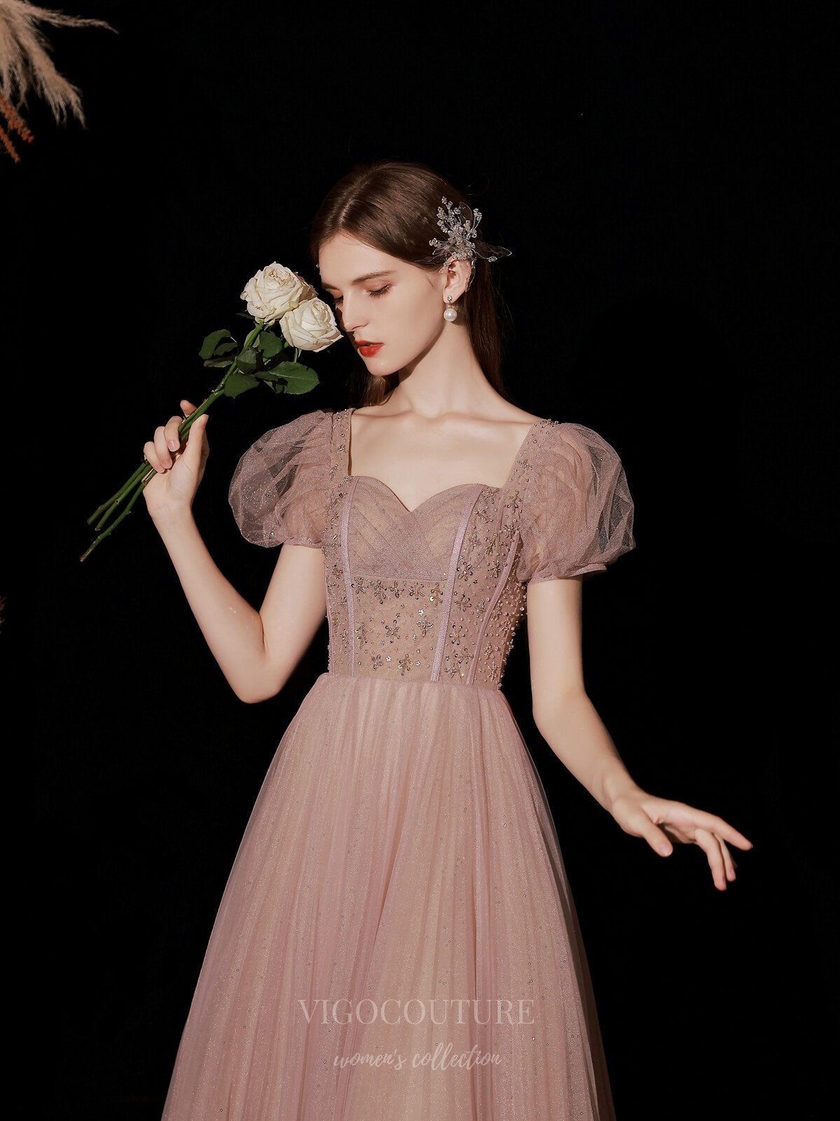 Prom Dress 2025 Blush Puffed Sleeve Sparkly Tulle Prom Dress 20740-unique elegant Prom Dresses-Blush-US2-vigocouture