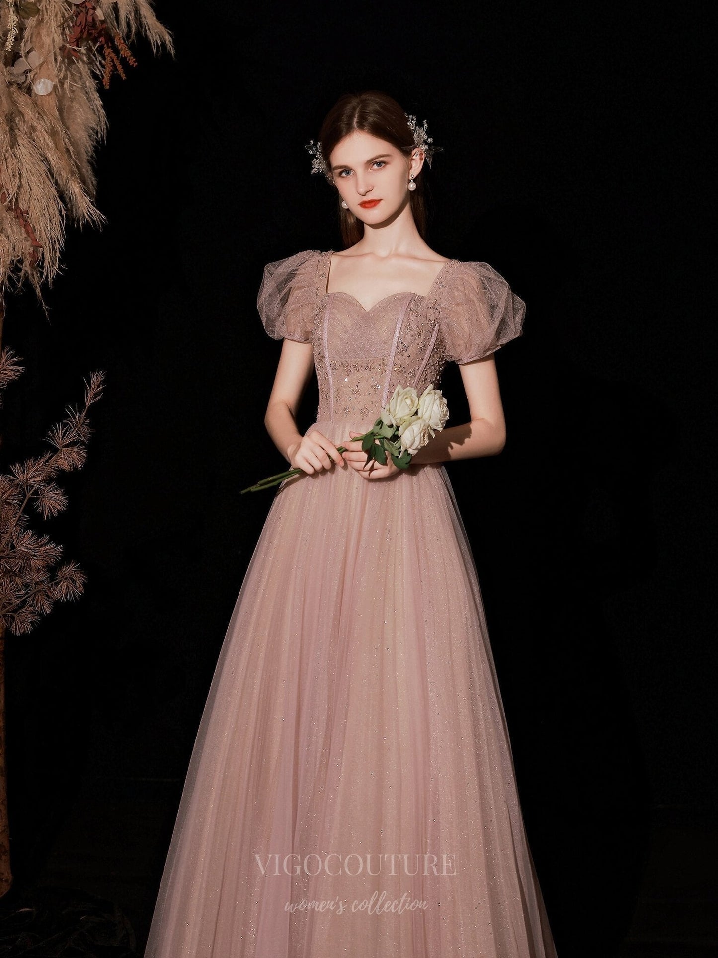 Prom Dress 2025 Blush Puffed Sleeve Sparkly Tulle Prom Dress 20740-unique elegant Prom Dresses-Blush-US2-vigocouture