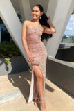 Prom Dress 2025 Blush Sequin Mermaid Prom Dresses with Slit One Shoulder Evening Dress 21960-unique elegant Prom Dresses-Blush-US2-vigocouture