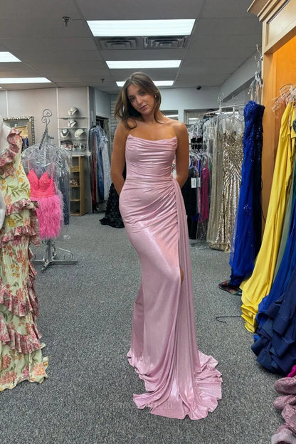 Prom Dresses 2025 to impress Blush Shimmer Satin Prom Dress with Draped Asymmetrical Neckline & High Slit – 26044-vigocouture-vigocouture