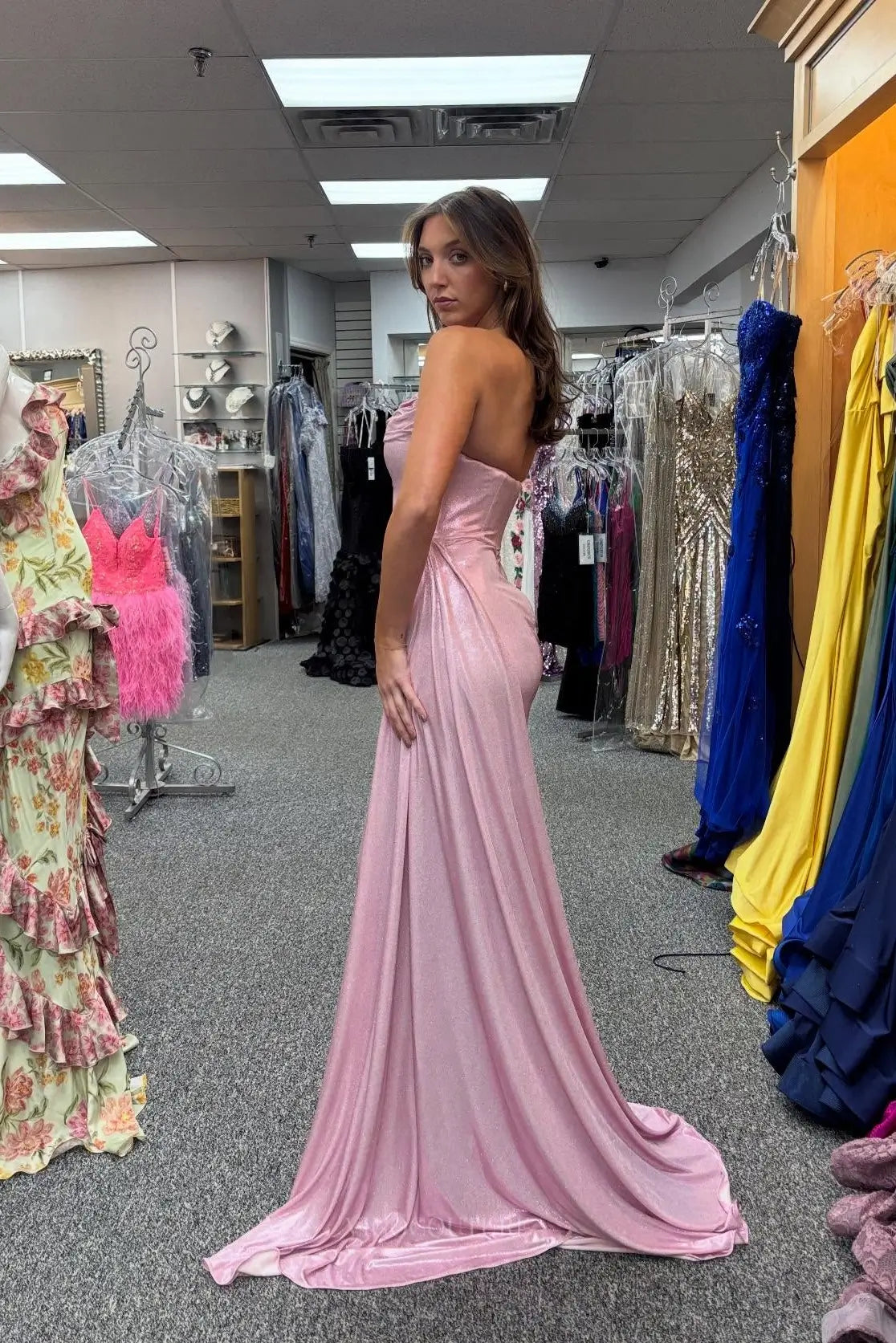 Prom Dresses 2025 to impress Blush Shimmer Satin Prom Dress with Draped Asymmetrical Neckline & High Slit – 26044-vigocouture-vigocouture